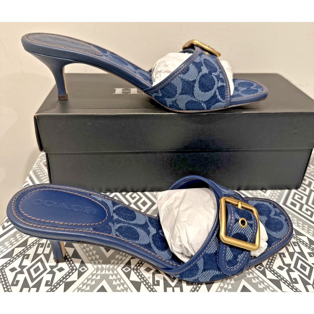 Coach Women Size 9.5B Margot Signature C Slide Sandals Deep Blue Denim Y2K - Picture 4 of 16